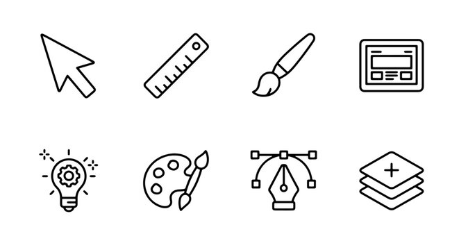 Graphic Design Icons Set: Cursor, Ruler, Brush, Palette, Lightbulb, Layers, Vector Tools
