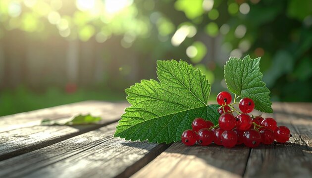 Fresh currant leaf, 3D Illustration, displayed beside berries on a rustic garden table.
