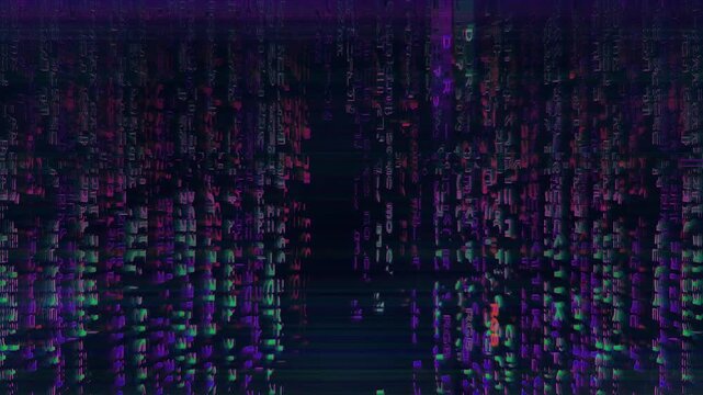 Abstract purple and green digital glitch background with scanline distortion and RGB split scanning across a central dark void. Lives in a Surreal Vaporwave VJ Loop and DJ nightclub design as.