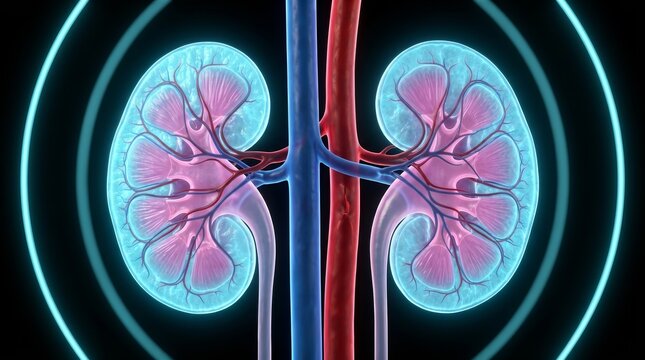 Detailed 3D visualization showing the renal cortex, medulla, and pelvis within translucent kidneys.