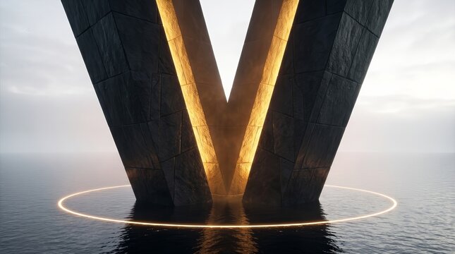 Cinematic dark stone V-shaped monolith rising from a sea with a warm circular light ring