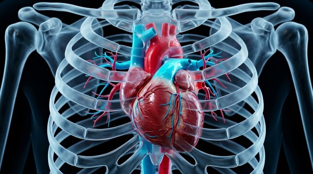 Human cardiovascular system showing the heart, pulmonary trunk, and aorta through a translucent rib cage.