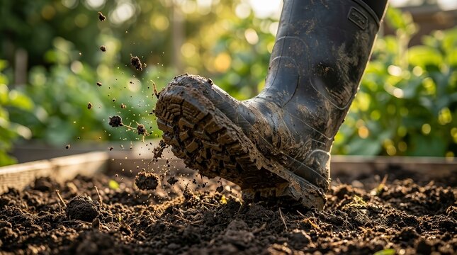 Close-up of a person wearing muddy rubber boots stomping on soil in a garden.