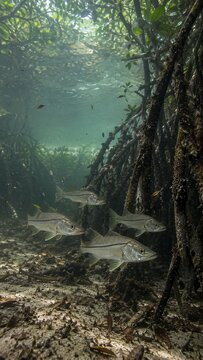 Four juvenile snook swimming beside mangrove roots