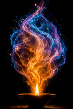 multicolor flame with flowing orange, blue, and violet forms rising from an oil lamp against a dark background