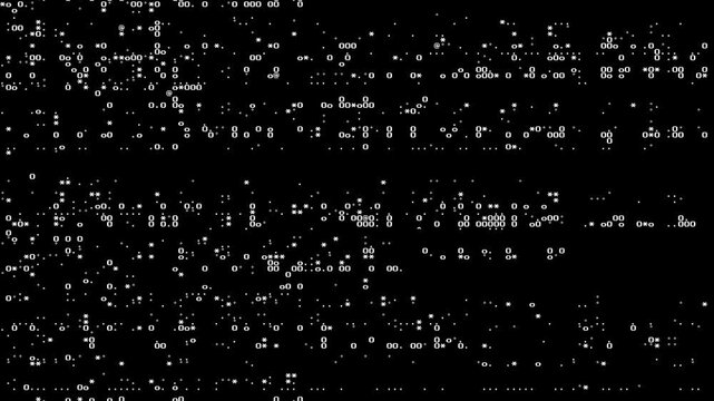 Abstract white ASCII glitch with star symbols and digital distortion flickering on black background. Drops into a retrofuturism campaign 4K VJ loop and luxury tech sale transition with seamless loop.
