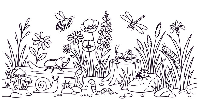 Cute forest insects black and white coloring page design.