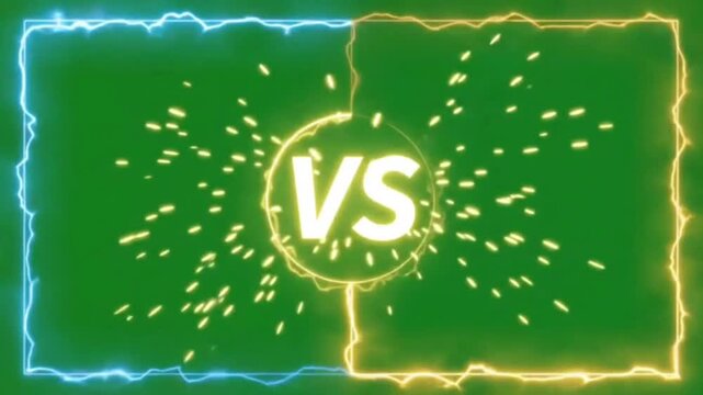 Versus VS Screen with Electric Blue and Gold Neon Glowing Frames on Green Screen Background
