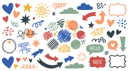 Obraz premium Doodle abstract set colorful hand drawn elements for design projects.