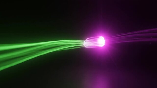Abstract background with glowing neon light trails moving through a dark digital void space