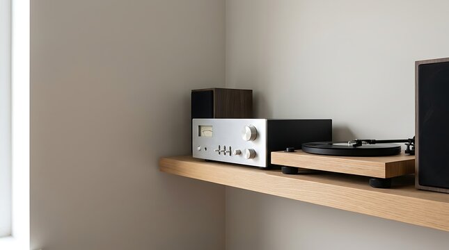 Minimalist High Fidelity Audio Setup with Brushed Metal Analog Receiver and Wooden Turntable on Oak Shelf with Copy Space for Home Interior Hi-Fi Sound System Background
