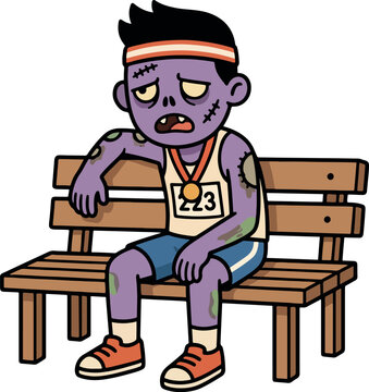 Exhausted cartoon zombie marathon runner with a gold medal sitting on a wooden bench. Isolated vector clip art character on transparent background, perfect for sports humor, Halloween and burnout.