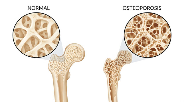 Normal bone and osteoporosis femur cross section comparison