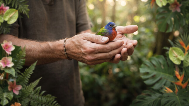 Man's hands gently holding a colorful painted bunting bird in lush green foliage