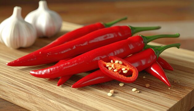 Red chili peppers with one sliced open, 3D Illustration, arranged on a wooden cutting board beside garlic.