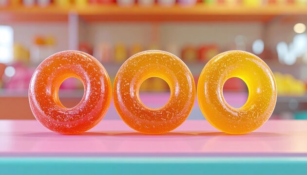 Three peach ring gummies, 3D Illustration, displayed on a colorful candy shop counter.