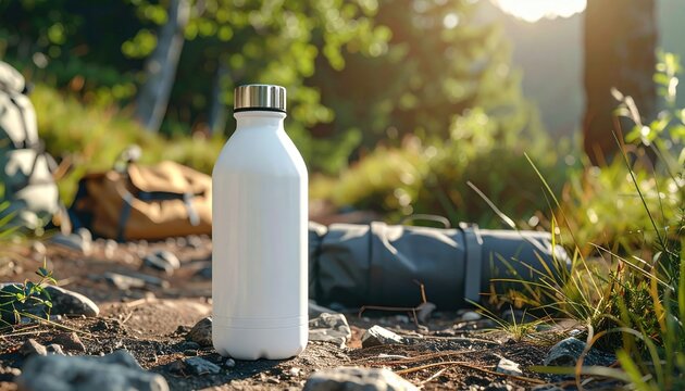 Clean white reusable water bottle standing beside hiking equipment on an outdoor trail, 3D Illustration, sleek design, natural lighting.