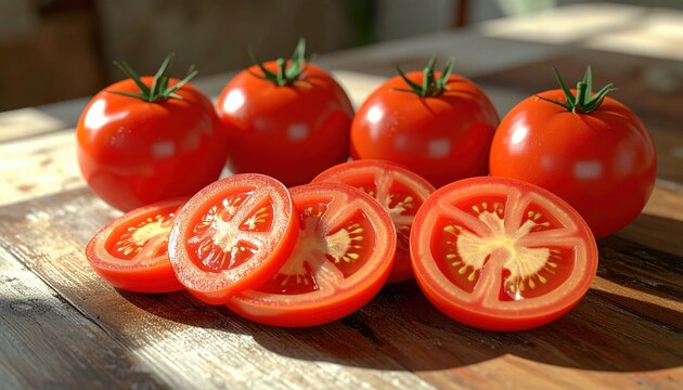 Sliced tomatoes and whole tomatoes 3D Illustration arranged on a rustic Mediterranean kitchen table