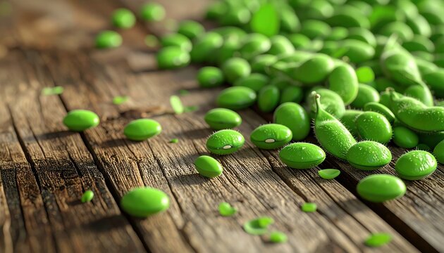 Green soybeans scattered 3D Illustration across a rustic wooden farm table