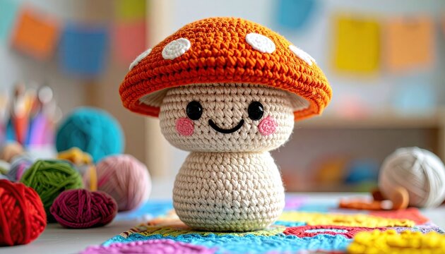 Cute crocheted mushroom character with a smiling face 3D Illustration on a colorful handmade craft table