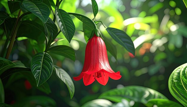 Red bell shaped flower stalk blooming among lush green leaves in a tropical garden, 3D Illustration, vivid botanical details.