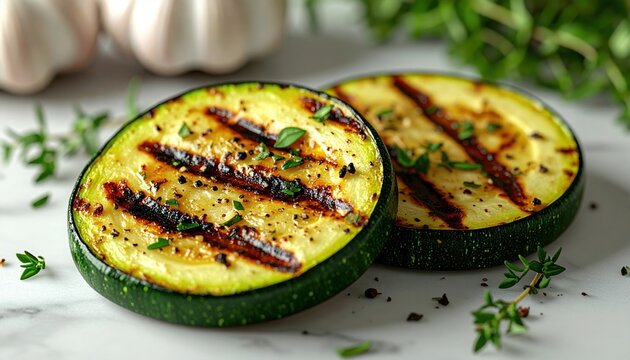 Two grilled zucchini slices with brown char marks served alongside garlic and herbs, 3D Illustration.