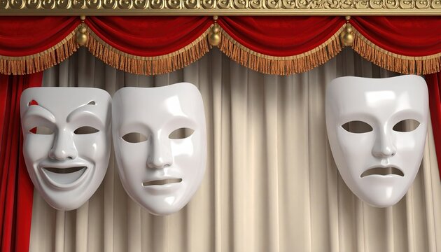 Theater comedy and tragedy masks 3D Illustration hanging above a classic stage