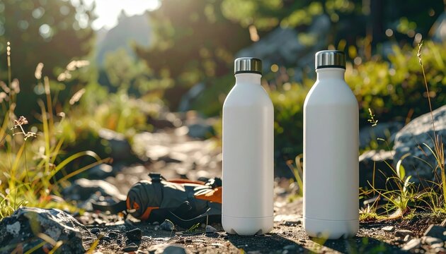 Clean white reusable water bottle standing beside hiking equipment on an outdoor trail, 3D Illustration, sleek design, natural lighting.