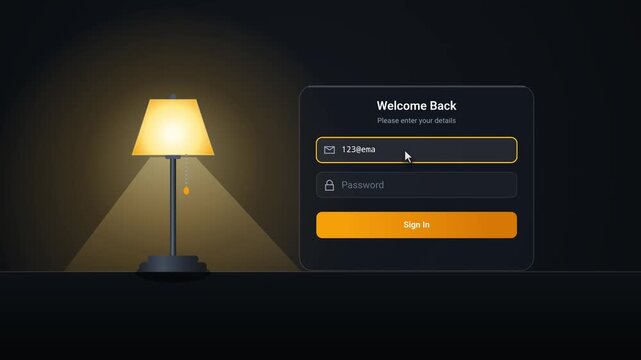 Dramatic Glassmorphism Login Error Animation with Flickering and Breaking Desk Lamp. Failed Authentication UI UX Design, Red Cross Icon, Shaking Panel tilting down, Dark Mode security concept