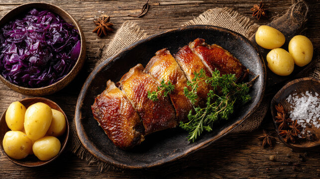 Whole martin goose with golden crispy skin served with dumplings and red cabbage on rustic german family table, traditional festive meal on st martin's day, cozy autumn atmosphere, space for text