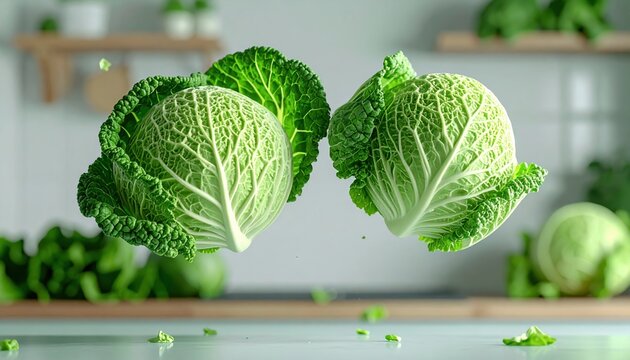 Savoy cabbages falling through the air 3D Illustration above a fresh produce preparation counter