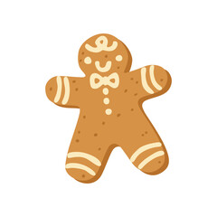Obraz premium Cute gingerbread man Christmas cookie. Xmas biscuit character decorated with creamy icing, bow tie. Holiday sweet isolated on a white background. Flat vector illustration, hand drawn.