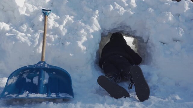 Little boy crawling through a snow tunnel in backyard view from behind, A boy plays inside a snow burrow on a frosty day