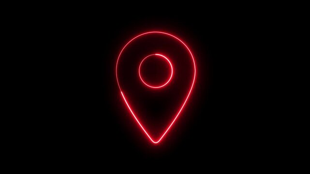 Neon red map location pin animation, glowing gps marker symbol for navigation and travel apps