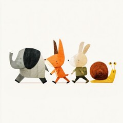 Fototapeta premium Cute animal friends walking in a line illustration.