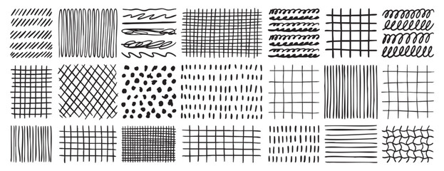 Fototapeta premium Hand drawn grids patterns set. Doodle pencil texture collection. Abstract line backgrounds for design