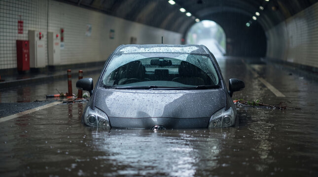 集中豪雨による道路冠水でアンダーパス内に立ち往生する自動車