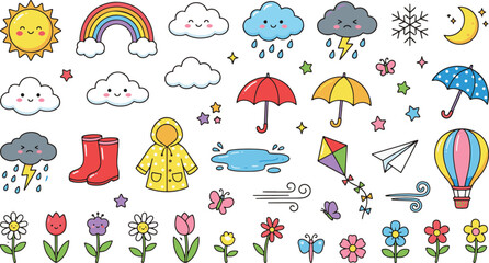 Obraz premium Cute hand drawn weather and spring icons