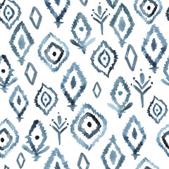 Indigo blue watercolor boho ikat diamond seamless pattern © BASILACA