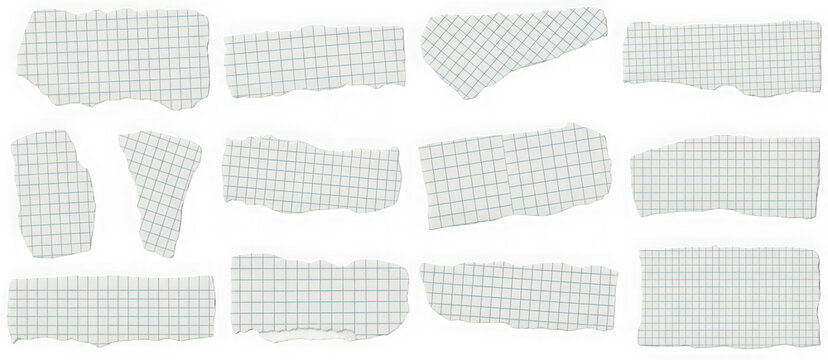 Set of torn grid paper pieces with rough edges isolated on transparent background. Ideal for collage art and notebook page scrapbooking.