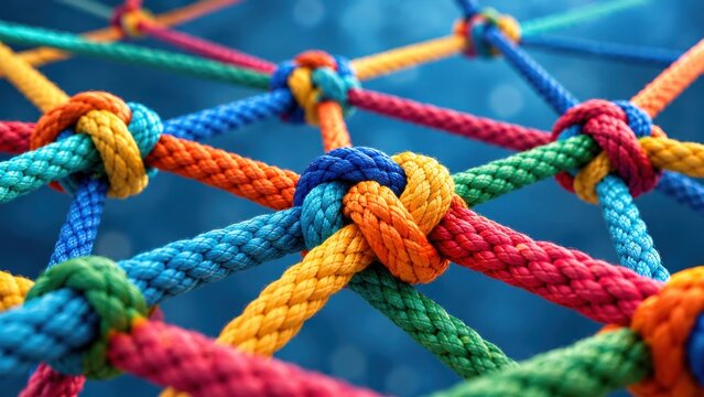 Large web of interconnected colored ropes forming network structure for teamwork and communication concept art.