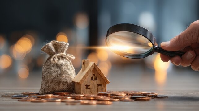 Magnifying glass home money, loan, mortgage. 