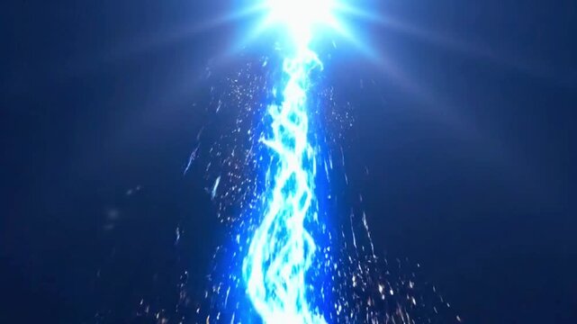 Bright blue explosion of light with scattered glowing debris and lens flare particles burst dark background abstract