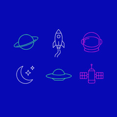 Vibrant neon space vector illustration set featuring glowing linear icons of planets rockets astronaut helmets crescent moons flying saucers and satellites on a dark blue background © Rifat