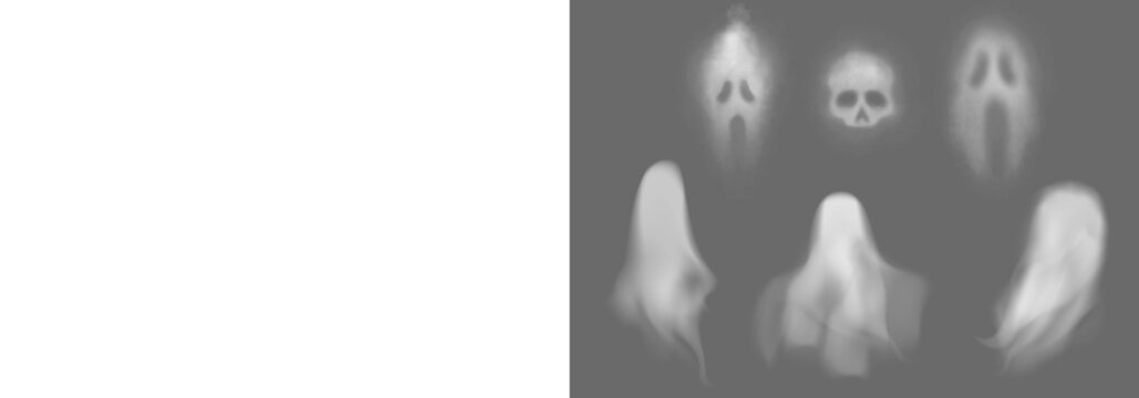 Scary fog mist Halloween ghost on transparent background. Happy Halloween. Spooky character, cut out. Trick or treat. Spirit, phantom Collection of gost