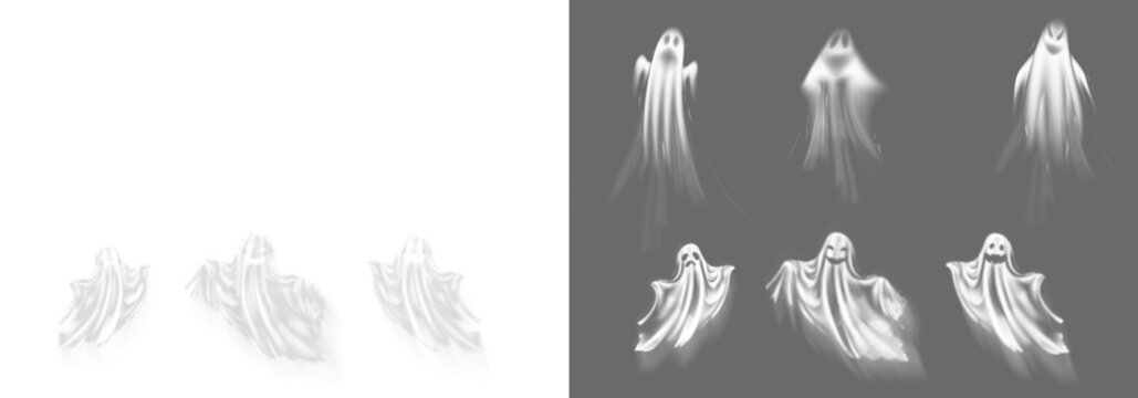 Scary fog mist Halloween ghost on transparent background. Happy Halloween. Spooky character, cut out. Trick or treat. Spirit, phantom Collection of gost
