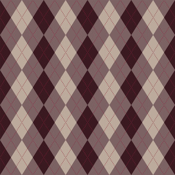 Argyle seamless pattern. Repeating red argyles background. Rhombus brown plaid. Repeated knit design prints. Argyll diamond patern. Sweater burgundy bg. Winter diamonds wallpaper. Vector illustration