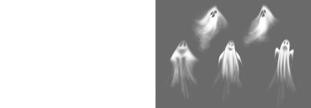 Scary fog mist Halloween ghost on transparent background. Happy Halloween. Spooky character, cut out. Trick or treat. Spirit, phantom Collection of gost