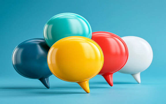 3D colorful speech bubbles on blue background representing teamwork discussion and customer feedback for social media and communication concept.
