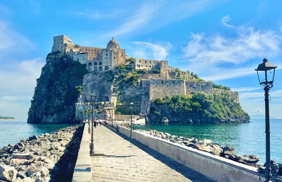 The Medieval Aragonese Castle on an island joined to Ischia Ponte by a pedestrian causeway.  Ischia, Italy